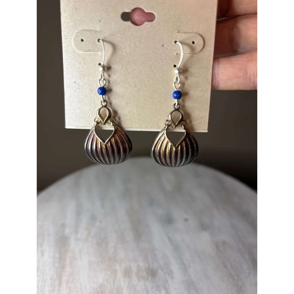 Kim Rogers Blue Bead Iridescent Gunmetal Ribbed Teardrop Drop Earrings 417032EZ